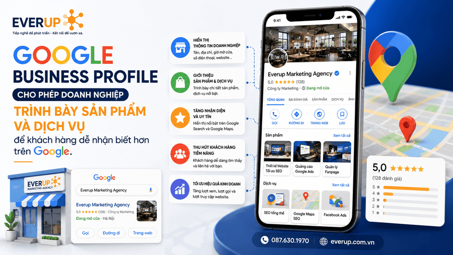 Giao diện Google Business Profile hiển thị sản phẩm và dịch vụ của doanh nghiệp