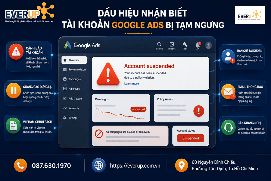 Dấu hiệu nhận biết tài khoản Google Ads bị tạm ngưng