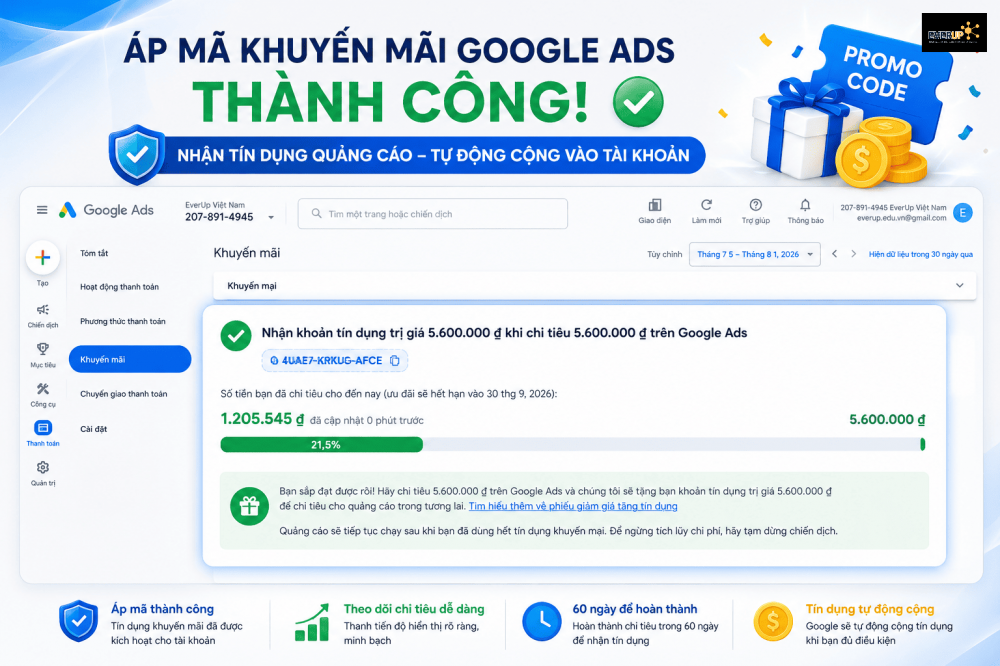 Mã khuyến mãi google ads đã áp dụng thành công