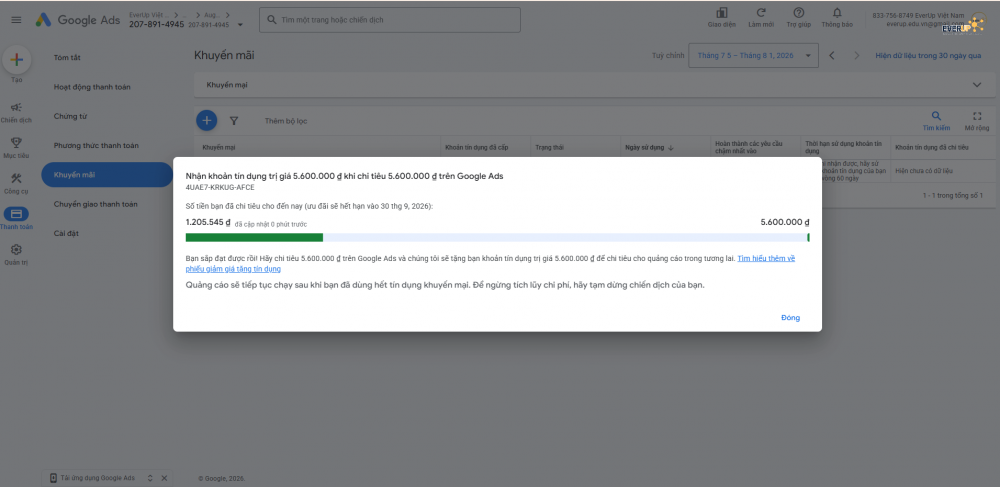 Mã khuyến mãi Google ads đã áp dụng thành công